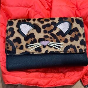kate spade Black Leather Clutch with Leopard Accent